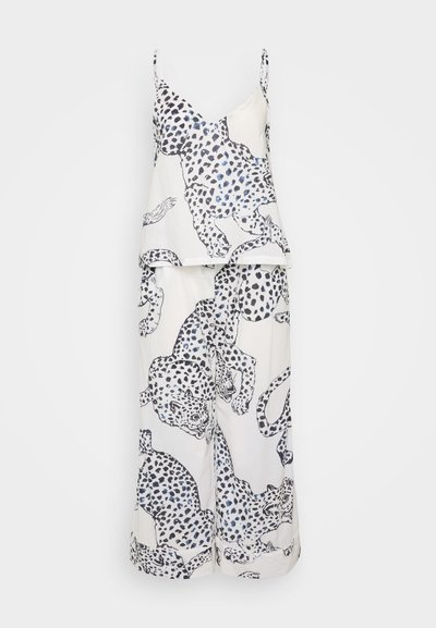 White jumpsuit featuring a layered design with blue and black leopard print, thin straps, and wide legs made of lightweight fabric.