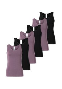 Zes tanktops in een set: drie in effen zwart en drie in lichtpaars, met een klassieke snit en van een zachte katoenmix.