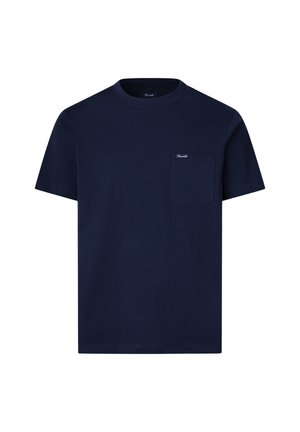 T-shirt di cotone blu navy con maniche corte, colletto rotondo e una tasca sul lato sinistro del petto con un piccolo logo nella parte superiore.