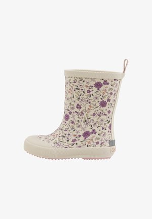 Stivale antipioggia bianco con motivi floreali viola e verdi, suole in gomma testurizzate, parte superiore liscia e linguetta posteriore per agevolare la calzata.