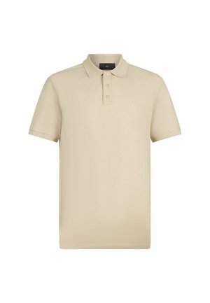 Beige Poloshirt aus Baumwolle, mit einem Kragen, einer Knopfleiste mit drei Knöpfen und einem dezenten, auf der Brust gestickten Logo. Kurze Ärmel.