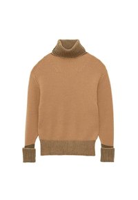 Pull en laine marron avec un col haut rayé, des manches longues et des poignets côtelés. Le tissu a un motif texturé avec des accents de rayures sombres contrastantes.