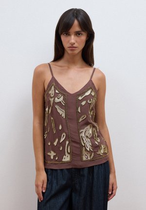 Les Copains, TOP WITH THIN STRAPS AND EMBROIDERED PATTERN - Top - brown