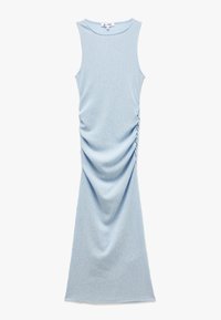 Hellblaues ärmelloses Kleid aus strukturiertem Stoff, mit gerafften Details auf einer Seite und geradem Saum.