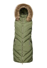 Long gilet matelassé sans manches vert olive avec fermeture éclair devant et capuche bordée de fausse fourrure marron.
