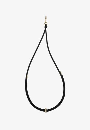 Zwarte koordketting met een eenvoudige druppelvorm, gouden metalen accenten en een gladde textuur. De hardware bevat een lus voor bevestiging.