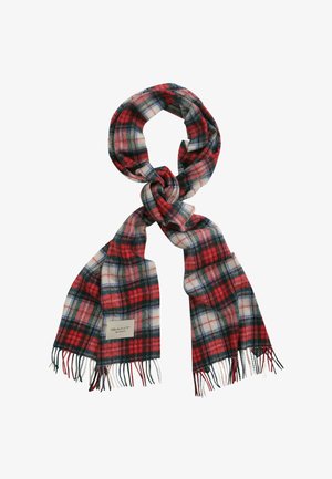 Rood, groen en witte geruite wollen sjaal met franjes aan de uiteinden, los geknoopt, met een klein rechthoekig stoffen merketiket.