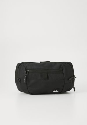 Black rectangular waist bag with front zip pocket, side zippers, and a small brand logo patch on the lower right corner.