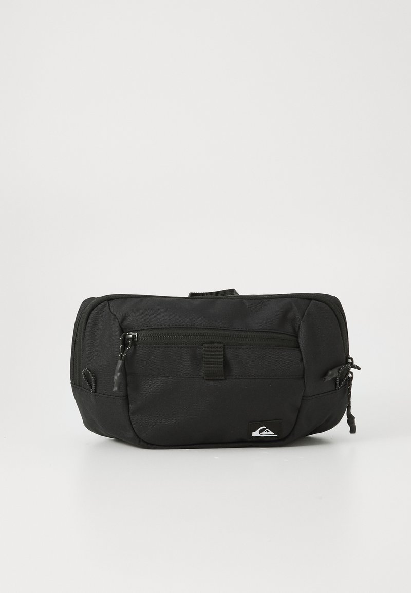 Black rectangular waist bag with front zip pocket, side zippers, and a small brand logo patch on the lower right corner.