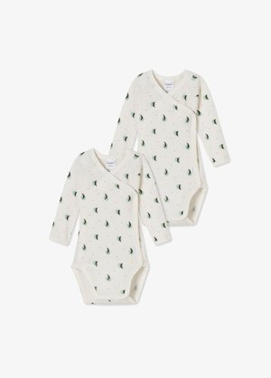 To lange ærmes bodystockings til baby i cremefarvet stof med grønne halvmånemotiver og små orange prikker. Trykknaplukning nederst.