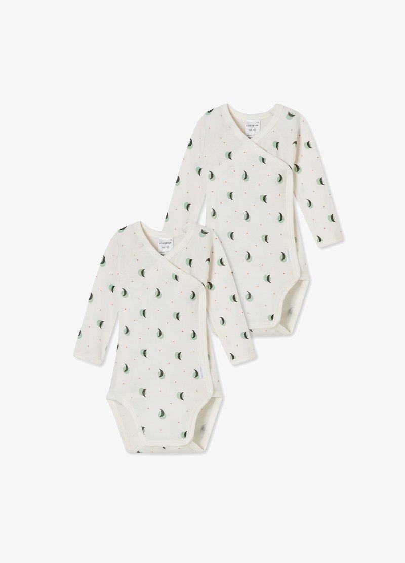 Zwei langärmelige Babybodys aus cremfarbenem Stoff mit grünen Halbmondmustern und kleinen orangen Punkten. Druckknopfverschlüsse am Boden.