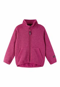 Fleecejacke in leuchtendem Rosa mit hohem Kragen, durchgehendem Reißverschluss und zwei Fronttaschen; verfügt über Raglanärmel und einen strukturierten Stoff.