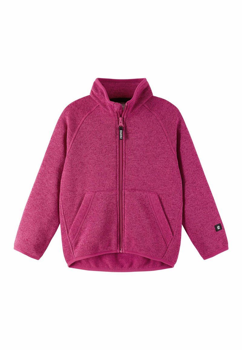 Fleecejacke in leuchtendem Rosa mit hohem Kragen, durchgehendem Reißverschluss und zwei Fronttaschen; verfügt über Raglanärmel und einen strukturierten Stoff.