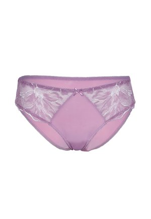 Intimo da donna lavanda con un motivo floreale in pizzo sui lati e un piccolo dettaglio a fiocco al centro della parte anteriore della vita.
