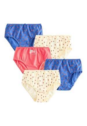 Päť detských bavlnených nohavičiek v modrej a krémovej farbe s potlačou lienok, plus jedny koralové nohavičky s detailom kvetiny a textu.