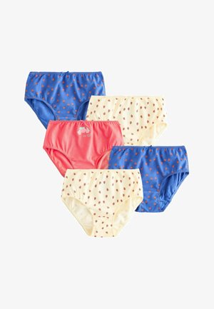 Viisi lasten puuvillapikkuhousua sinisenä ja kermaisena leppäkerttukuvioilla sekä yksi korallinvärinen pikkuhousu kukka- ja tekstiyksityiskohdilla.