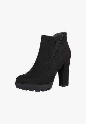 Bottines noires en daim synthétique, avec un talon bloc, un bout rond, des panneaux latéraux élastiques et une semelle épaisse et texturée.