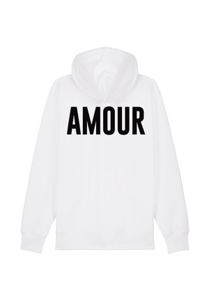 Hoodie blanc avec un grand texte noir "AMOUR" dans le dos. Tissu doux, capuche ajustable et poignets et ourlet côtelés.
