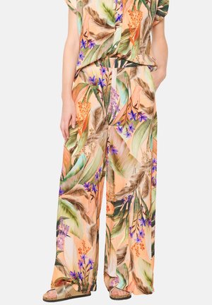 Floral patterned outfit in soft fabric, featuring wide-legged pants and a short-sleeved top. Colors include peach, green, purple, and orange.
