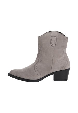 Graue Wildleder-Ankle Boots mit niedrigem Blockabsatz, ausgestattet mit geschwungenen Nähdesigns und einer spitzen Toe. Entworfen im Western-Stil.