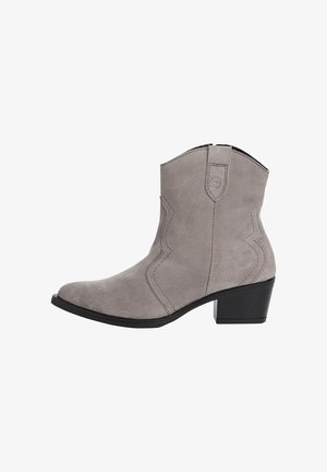 Gray suede ankle boots with a low block heel, featuring curved stitching designs and a pointed toe. Designed for a Western style.