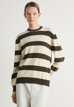 Beige and dark green striped sweater with a round neckline and long sleeves, made of soft fabric, featuring a relaxed fit.
