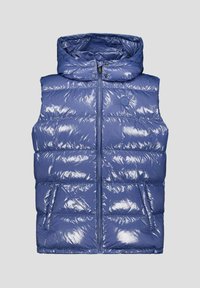 Glanzend blauwe puffer-vest met capuchon, voorzien van horizontale steeknaden, ritssluiting aan de voorkant en zijzakken. Lichtgewicht, gladde textuur.