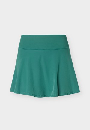Turquoise uitlopende rok met brede geribde tailleband, gladde stof en nette zoom op een effen lichte achtergrond.