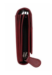 Rotes Lederportemonnaie von der Seite betrachtet, mit mehreren Fächern und einem sichtbaren Reißverschluss mit einem Leder-Zipper.