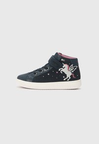 Navy blue high-top shoes with a velcro strap, featuring a silver unicorn design and star patterns on a soft, textured surface. White sole.