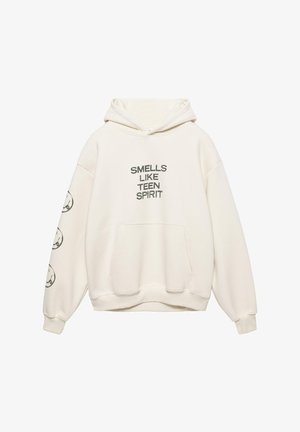 Cremefarvet hættetrøje med teksten "SMELLS LIKE TEEN SPIRIT" i sort, en frontlomme og grafiske accenter på ærmerne.