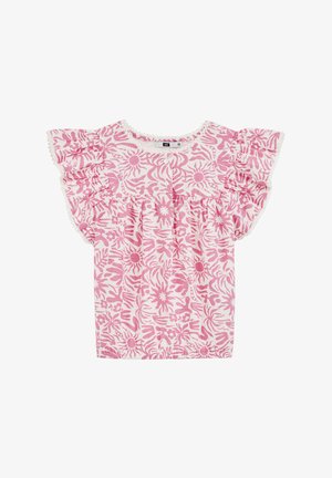 Rózsaszín és fehér virágmintás felső, fodros ujjakkal és csipkés díszítéssel a dekoltázs körül. Könnyű anyagból készült és laza szabású.