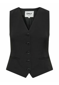 Zwarte mouwloze vest met V-hals, sluiting met vijf knopen, twee voorzakken en een getailleerde pasvorm. Gemaakt van glad, gestructureerd stof.