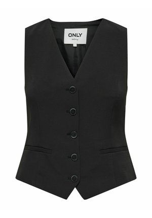 Černá bezrukávová vesta s výstřihem do V, pěti knoflíky na zapínání, dvěma předními kapsami a střih na míru. Vyrobena z hladké, texturované látky.