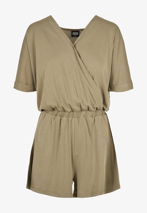 Combinaison beige à manches courtes avec devant croisé en col V, taille élastiquée et revers de manches pliés.