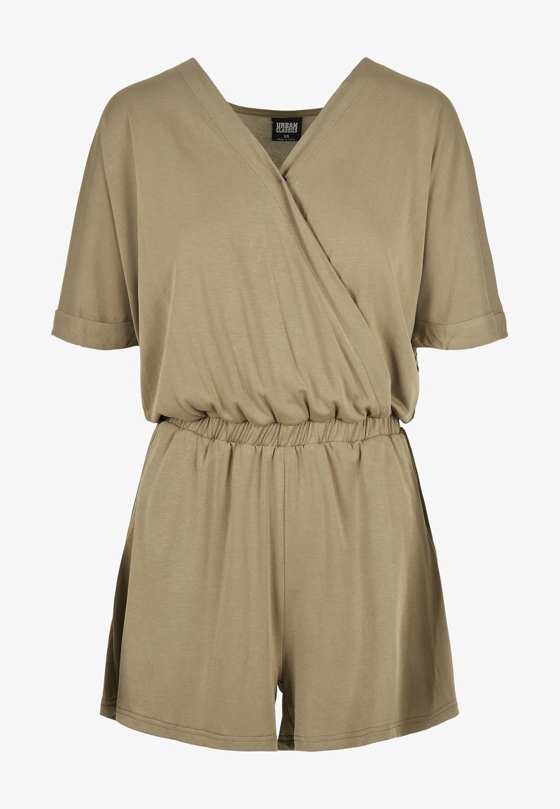 Combinaison beige à manches courtes avec devant croisé en col V, taille élastiquée et revers de manches pliés.