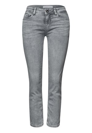 Tætsiddende lysegrå denimjeans med forreste knap og lynlås, for- og baglommer samt bæltestropper.