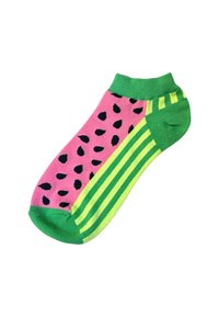 Calza alla caviglia colorata con sezioni rosa e verde, con motivi a seme neri sul lato rosa e strisce verdi e gialle.