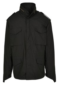Veste noire de style militaire avec col montant, quatre poches avant à rabat, épaulettes et fermeture éclair.