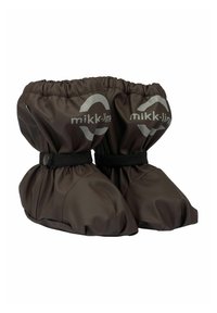 Smeđe vodootporne dječje čizmice s elastičnim trakama oko gležnjeva i reflektirajućim logotipima "mikk-line" na bijeloj pozadini.