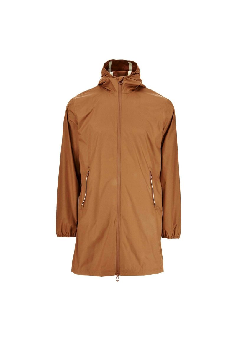 Giacca impermeabile marrone con cappuccio, zip frontale e due tasche laterali. Presenta polsini elastici e una texture leggera e liscia.