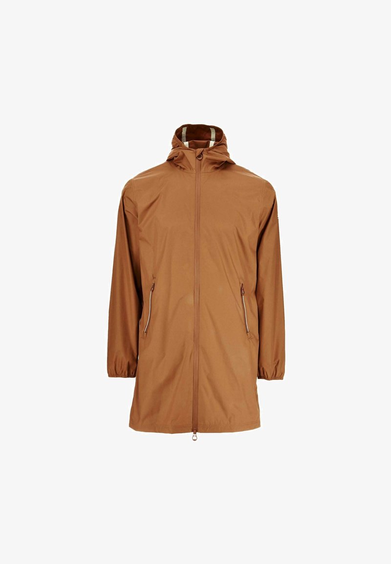 Bruine waterdichte jas met capuchon, rits aan de voorkant en twee zijzakken. Kenmerkt zich door elastische manchetten en een lichtgewicht, soepele textuur.