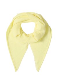 Écharpe jaune à la texture douce, présentant une forme triangulaire et des bords effilochés. Fabriquée en matière légère, adaptée à différents styles.