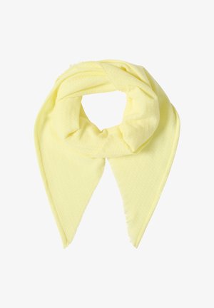 Žlutý šátek s měkkou texturou, trojúhelníkového tvaru a roztřepenými okraji. Vyroben z lehkého materiálu, vhodný pro různé styly.