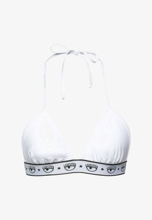 Top bikini bianco a fascia con coppe a triangolo e fascia elastica con design ripetuti di occhi e stelle in nero e blu.