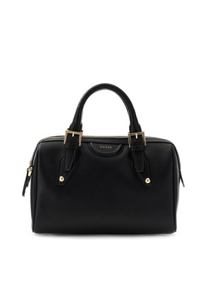 Sac à main Guess en cuir noir avec double poignée, accents de boucles dorées et fermeture éclair supérieure.
