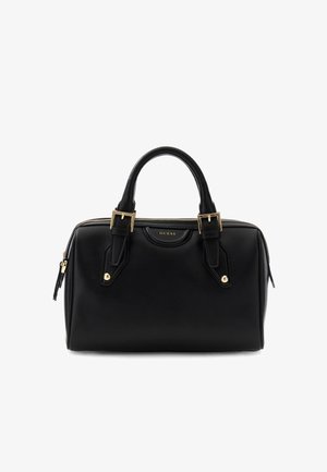 Black leather Guess handbag with dual handles, gold buckle accents, and a top zipper closure.