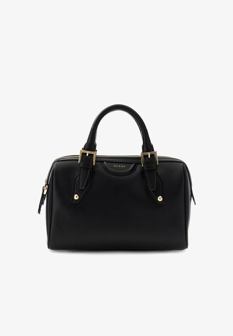 Sac à main Guess en cuir noir avec double poignée, accents de boucles dorées et fermeture éclair supérieure.