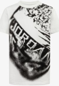 White cotton t-shirt featuring a large black graphic print, partially obscuring the word "JORDAN," with a small black logo on the chest.