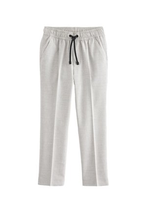 Pantaloni casual de culoare gri deschis cu talie elastică și șnur negru, având buzunare laterale și croială dreaptă a piciorului.
